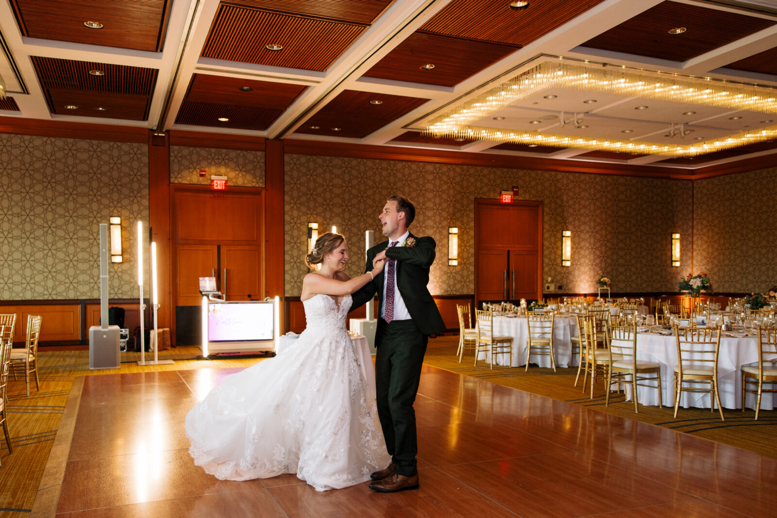 Bride and Groom practice first dance in untouched reception space in The Drake Oak Brook.